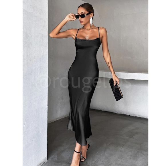 Black Satin Dress Midi Cowl Neck Back Ties - Picture 6 of 7